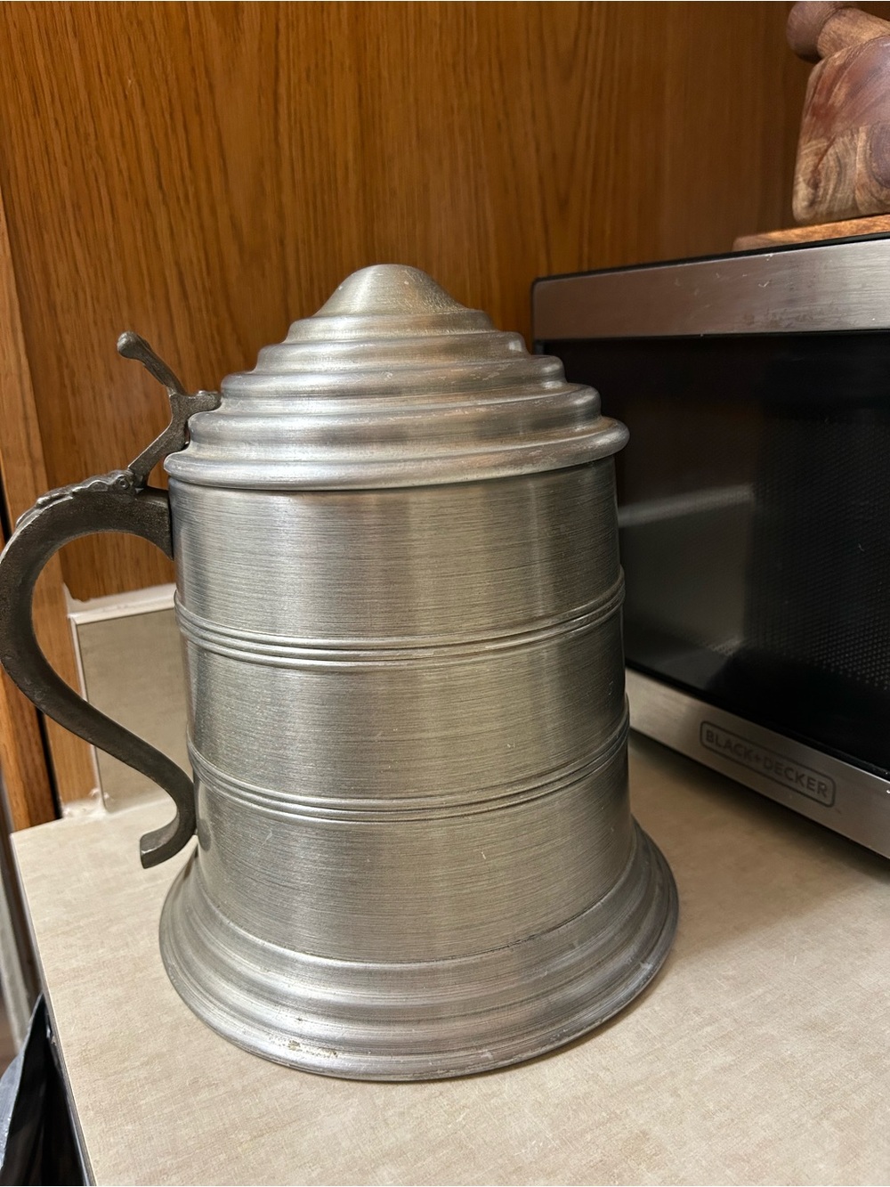 Big Vintage Pewter Lidded Beer Stein - Pewter Finish